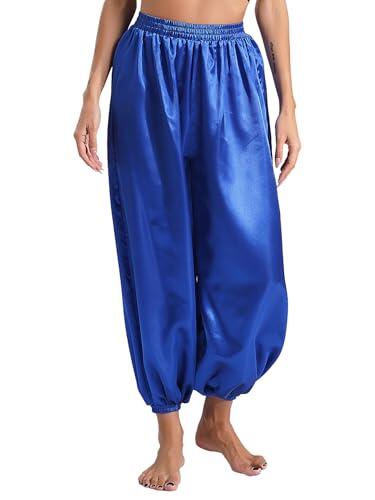 Nyeemya Pantalones Bombachos de Danza del Vientre Mujer Pantalones Anchos de Elástico Cintura Disfraz de Danza Carnaval Halloween Fiesta S-XXL Azul Real S