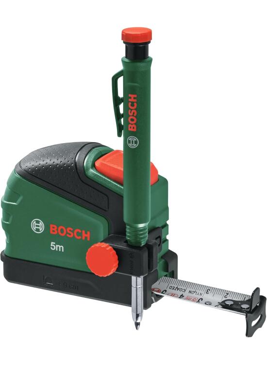 Bosch cinta métrica 5 m + lápiz marcador (con clip lápiz, bloqueo automático, revestimiento de nailon, 2 m separación, regla métrica, alta precisión, clip para cinturón, mango suave) - Edición Amazon