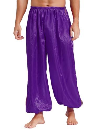 Nyeemya Pantalones de Baile para Hombres Pantalones Bombachos de Halloween Disfraz Príncipe Árabe Fiesta S-4XL Morado L