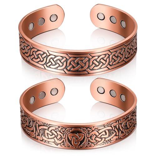 Otuuz 2 Pulseras Magnéticas de Cobre Ajustable de 3500 Gauss con 9 Imanes, Brazalete Sólido con Diseño de Árbol y Celta 2 Estilos(Patrón)