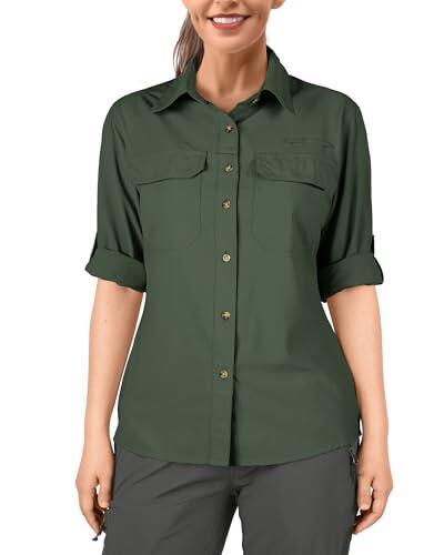 33,000ft Camisa de mujer UPF50+ Protección UV Camisa de exterior Secado rápido Camisa de ocio Manga larga Camisa funcional Camisa de senderismo para pesca, safari, viajes, golf, verde oscuro, XL