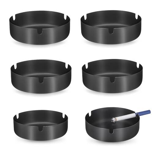 Huiguli Cenicero de Acero Inoxidable, 6 Ceniceros de Metal para Cigarrillos, Cenicero Portátil, Soporte Redondo Portátil de Metal para Interiores y Exteriores, Hogar, Oficina, Mesa de Balcón, Negro