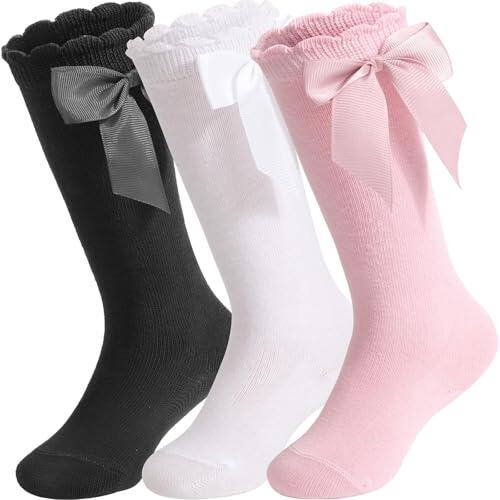 DRESHOW Calcetines hasta la Rodilla para Niña Niño Pequeño Calcetines con Lazo para Bebé Infantiles de Algodón
