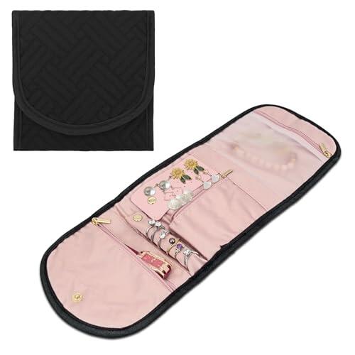 AfitLulu Joyero Mujer Bolsa Organizadora de Joyas, Portátil Joyero Viaje Plegable para Niñas y Mujeres, Bolsa de Almacenamiento de Joyas para Anillos, Pendientes, Collares, Pulseras (Negro)