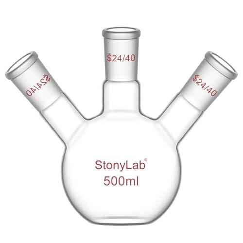 stonylab Matraz de Fondo Plano de 3 Cuellos, Vidrio de Borosilicato, Unión Cónica Estándar 24/40, Matraz de Reacción para Laboratorio de Química, Capacidad 500 ml