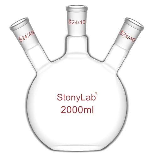 stonylab Matraz de Fondo Plano de 3 Cuellos, Vidrio de Borosilicato, Unión Cónica Estándar 24/40, Matraz de Reacción para Laboratorio de Química, Capacidad 2000 ml
