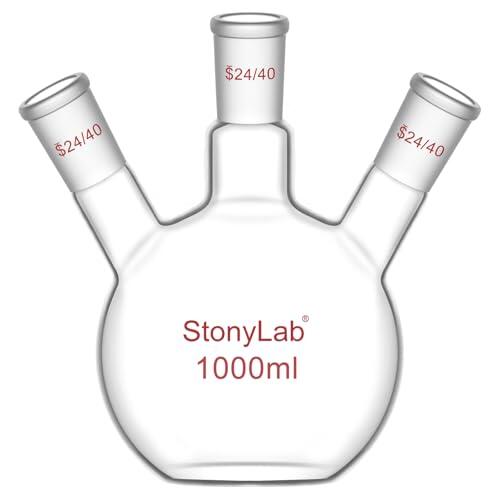 stonylab Matraz de Fondo Plano de 3 Cuellos, Vidrio de Borosilicato, Unión Cónica Estándar 24/40, Matraz de Reacción para Laboratorio de Química, Capacidad 1000 ml