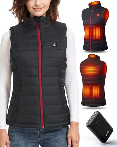 UNBON Chaleco Calefactable Mujer, Chaleco Calefactable con Batería USB 10000mAh, Chaleco Térmico Eléctrico Mujer con 3 Temperaturas 6 Zonas de Calor, Chalecos Calefactor para Moto Caza, Negro, XS