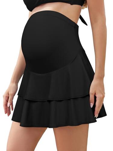 SHEKINI Falda de maternidad con volantes por encima y debajo del vientre, cintura alta, pantalones cortos deportivos para embarazo, pantalones cortos integrados para tenis y golf, Negro, M