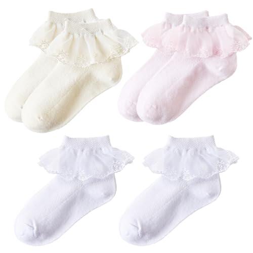 WeddHuis 3 pares de medias elásticas para niñas: medias de encaje con volantes y algodón, ideales para bautizos y bebés, 3 colores