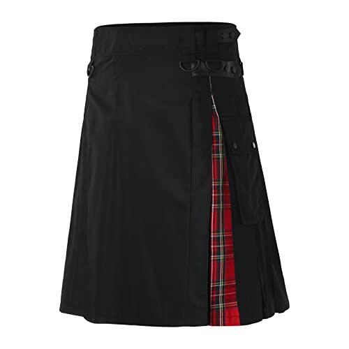 DUHENWU Falda Escocesa para Hombre Vintage Kilt Gothic Punk Moda Faldas de Bolsillo Ropa Escocesa Falda plisada a Cuadros Rojo, L