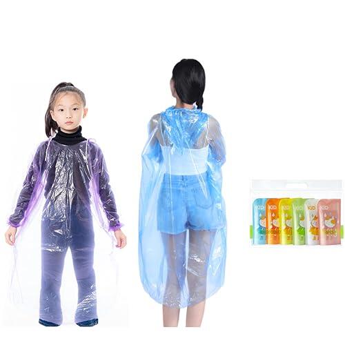 Paquete de 6 ponchos de lluvia desechables, paquete familiar, poncho transparente impermeable de emergencia, con capucha, poncho transparente para niños, envueltos individualmente (S)