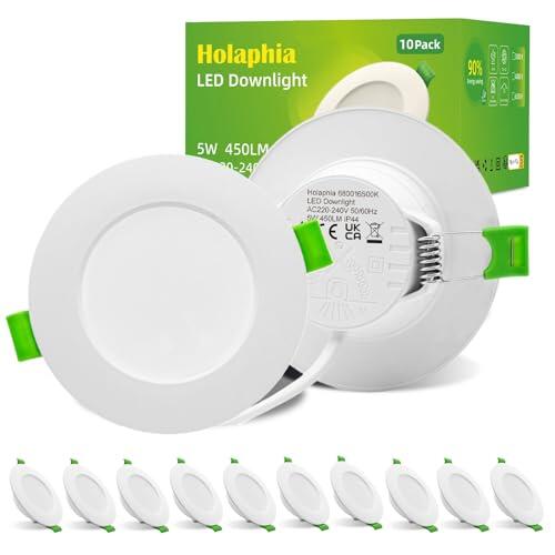 Holaphia Focos LED empotrables planos, 230 V, blanco frío, 6500 K, 5 W, 450 lm, IP44, para baño, techo de 70 – 90 mm, tamaño del orificio, juego de 10 unidades