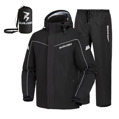 Burjosy Traje de Lluvia Impermeable para Hombre, Conjunto de Chaqueta y Pantalón de Lluvia Plegable, Impermeable Reflectante con Capucha a Prueba de Viento para Exteriores