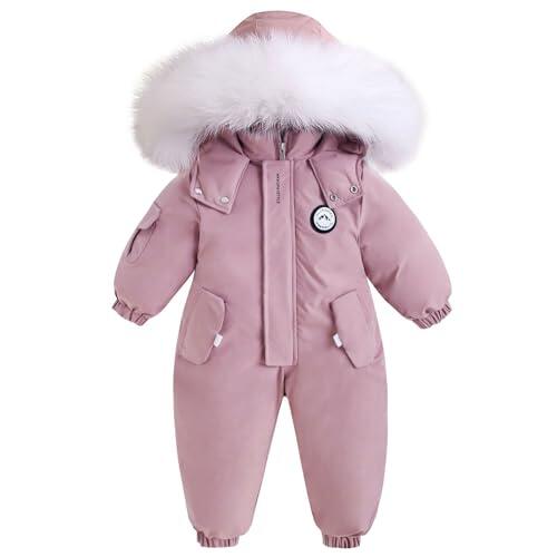 BRONG Niño Traje de Esquiar Mameluco Niñas Traje de Nieve Invierno Cálido Nieve Lana Chaqueta Impermeable Traje Desmontable Cuello de Piel a Prueba de Viento Trajes Rosa 3-4 Años