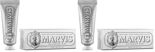 Marvis Pasta de dientes blanqueante de viaje de menta, 25 ml, dentífrico para un blanqueamiento natural, pasta dental refrescante que elimina la placa (Paquete de 2)