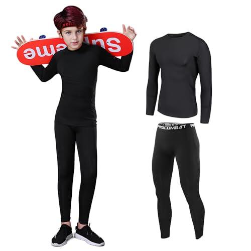 Shengxi Ropa Interior Térmica para Niños, Transpirable Deportes Conjuntos Térmicos Ropa Interior Funcional Termo Unisexo Ciclismo Futbolístico Deportes de Manga Larga (Negro, 24/115-125 cm)