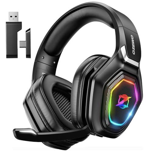 Ozeino Cascos Gaming Inalámbricos para PC/Ps5/Ps4, Auriculares Gaming Inalámbricos de 2,4GHz Wireless+Bluetooth, Baja Latencia Calidad de Sonido sin Pérdidas, Duración 30Hr+