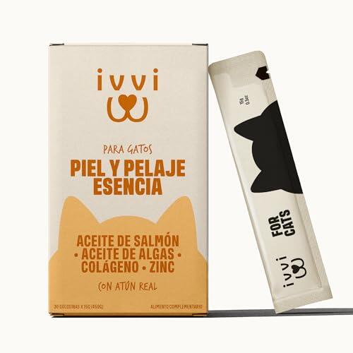 ivvi Piel & Pelaje Esencia para Gatos con Aceite de Salmón y Algas, 30x15g | Crema Funcional con Zinc y Colágeno, Ayuda a la Piel y el Pelaje, con Atún Real