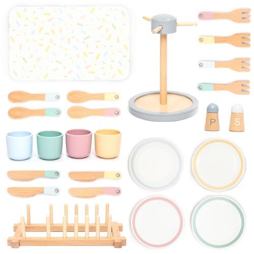 UMU® Juego de vajilla de madera para niños, vajilla de juego de simulación de 28 piezas con platos, tazas, cubiertos y soporte, accesorio de cocina de madera para cocinas de juego, juguete de juego de