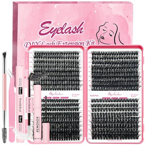 Qiveaory Kit de Extensión de Pestañas Fluffy DIY Extension de Rollo D 684 Piezas Independientes,Pegado y Sellado de Pestañas,Cepillo de Pinzas Eliminación de Pestañas (10-18mm,50D+60D+80D+100D)