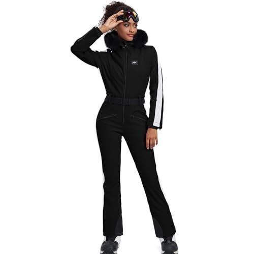 HOTIAN Traje de esquí de una pieza para mujer, traje de esquí cálido para mujer, traje de nieve, impermeable, resistente al viento, mono de nieve, mono con capucha, Negro , L
