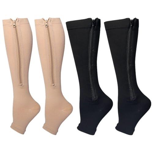 2 Pares De Calcetines Con Cremallera Abierta, Calcetines De Soporte Sin Dedos, Calcetines De Compresión Transpirables Y Cómodos, Calcetines Hasta La Rodilla Unisex