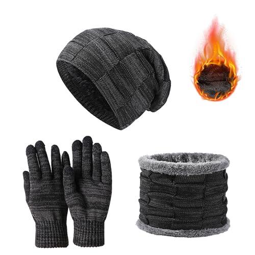 JXCTNNU Set de Bufanda, Gorro y Guantes Invierno Termicos 3-in-1 Conjunto de Punto Bufanda Calentadores Beanie Gorro Táctiles Guantes para Mujeres y Hombres (Negro)