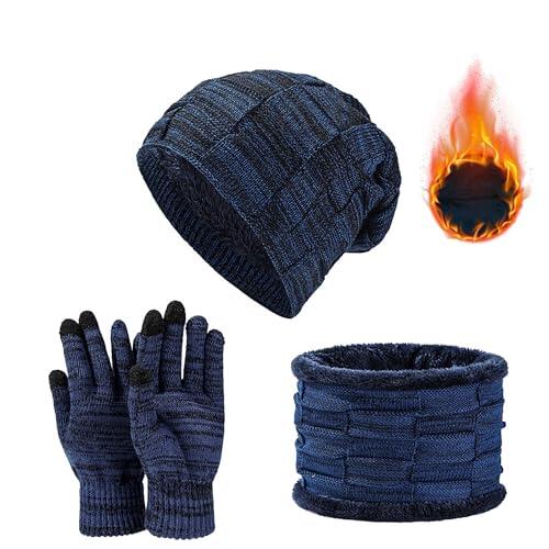 JXCTNNU Set de Bufanda, Gorro y Guantes Invierno Termicos 3-in-1 Conjunto de Punto Bufanda Calentadores Beanie Gorro Táctiles Guantes para Mujeres y Hombres (Azul)