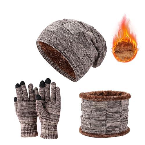 JXCTNNU Set de Bufanda, Gorro y Guantes Invierno Termicos 3-in-1 Conjunto de Punto Bufanda Calentadores Beanie Gorro Táctiles Guantes para Mujeres y Hombres (Caqui)