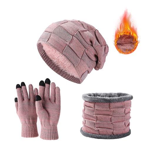 JXCTNNU Set de Bufanda, Gorro y Guantes Invierno Termicos 3-in-1 Conjunto de Punto Bufanda Calentadores Beanie Gorro Táctiles Guantes para Mujeres y Hombres (Rosa)