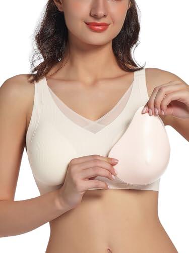 Sujetadores de mastectomía para Mujer con Bolsillos, Brasier Diario para postoperatorio, Incluye 1 par de Almohadillas extraíbles para el Pecho, Beige, XXL