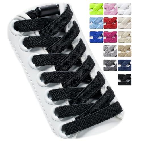 Puzeam 2 pares de Cordones Elásticos - Cordones Elásticos sin nudo con Hebilla Metal, planos, Cordones de Zapatos Para Niños, Adultos negro 120