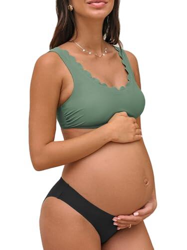 CUPSHE Traje de baño premamá para mujer, conjunto de bikini con cuello en U, borde ondulado, cintura baja, bikini de una pieza, traje de baño premamá, Verde Oliva/Negro, M