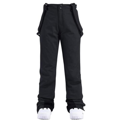 HOTIAN Pantalones de esquí para mujer, negros, talla L, resistentes al agua y transpirables, con tirantes ajustables y 2 bolsillos delanteros con cremallera