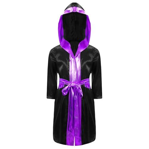 Yruioon Abrigo de boxeador para chicos de manga larga, chaqueta con capucha, cinturón, boxeo, boxeador, entrenamiento deportivo, Negro y morado, 122-128