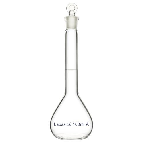 Labasics Matraz Aforado de 100 ml, Vidrio Borosilicato Clase A de Precisión, Tapón de Vidrio Transparente, Ideal Para Laboratorios Químicos y Analíticos