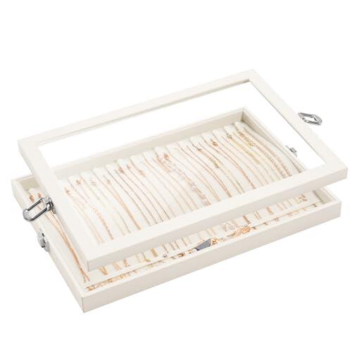 Lolalet Bandeja Organizadora para Collares con Tapa, 18 ganchos para Joyas Caja de Almacenamiento para Cajón -Beige