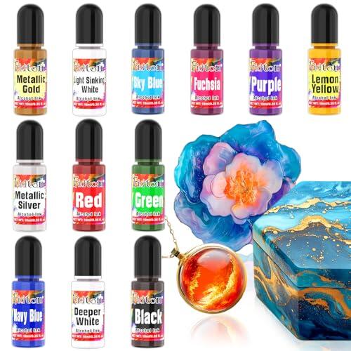 Alcohol Ink - 12 colores brillantes y vibrantes de resina epoxi para arte, posavasos, joyería - 10 ml/pieza