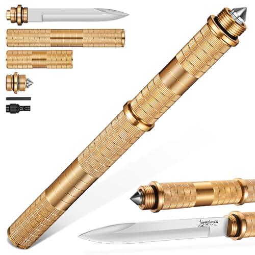 Japaknives Cuchillo de supervivencia exterior 5 en 1 fijo desmontable de acero D2 con silbato rompecristales para camping hombres dorado