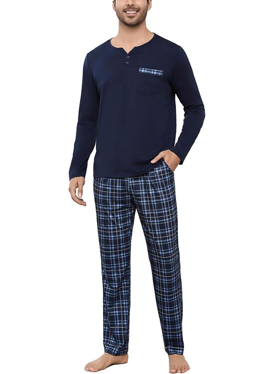 Conjunto de Pijama Largo de Algodón con 2 Botones para Hombre, Ropa de Dormir de Dos Piezas