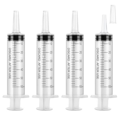OFFCUP Jeringa de Plástico, 4pcs 60ml Jeringa , Jeringas Medidoras con Tapa, Jeringa de Líquido Reutilizable para Laboratorios Científicos Riego Relleno Filtración (sin Aguja)