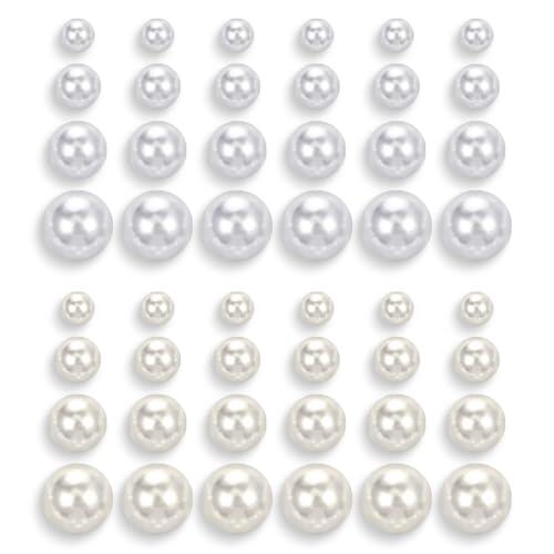 Juego de 24 Pares de Pendientes de Perlas Sintéticas, Hipoalergénicos, Blancos y Beige, 4 Tamaños Diferentes con Perlas Redondas para Mujeres y Niñas