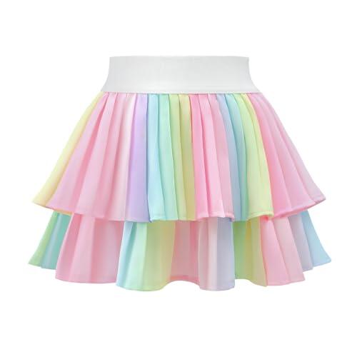 Comfyouth - Falda de tenis para niñas con pantalones cortos, falda atlética plisada con bolsillos, cintura alta, falda de animadora para niños, Arco iris, 5-7 Años
