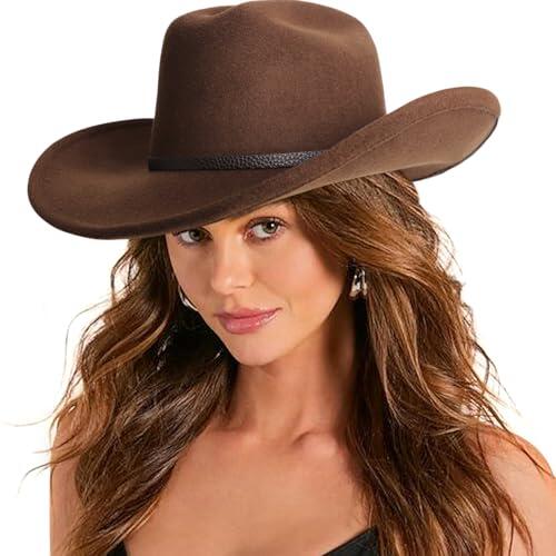DRESHOW Sombrero de Vaquero para Mujers y Hombres Sombrero de Vaquera Western Clásico con Cinturón de Hebilla Sombrero de Enrollado de ala Ancha Grande Moldeable Fieltro Fedora para Unisex
