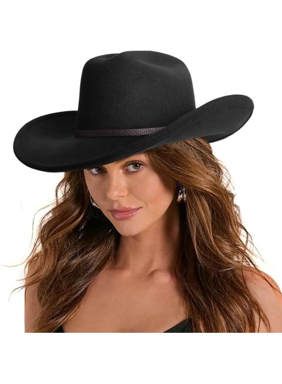 DRESHOW Sombrero de Vaquero para Mujers y Hombres Sombrero de Vaquera Western Clásico con Cinturón de Hebilla Sombrero de Enrollado de ala Ancha Grande Moldeable Fieltro Fedora para Unisex