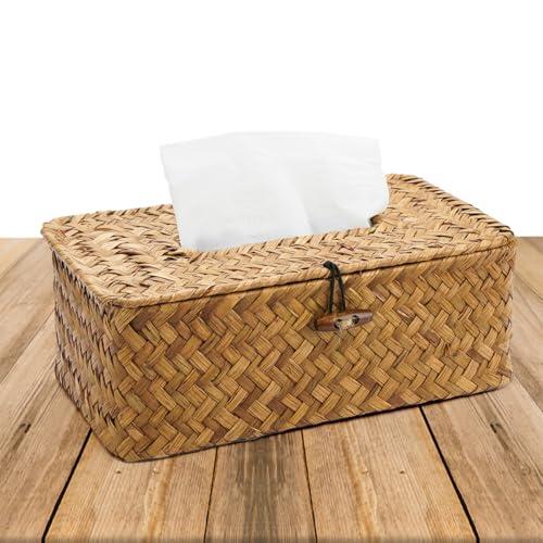 Caja de Pañuelos de Papel de Ratán,Caja de Pañuelos Facial Rectangular de Hierba Marina,Tejida a Mano Cajas de Pañuelos,Soporte Decorativo Pañuelos Faciales para Cocina,Baño,Oficina y Hotel,23x13x9cm