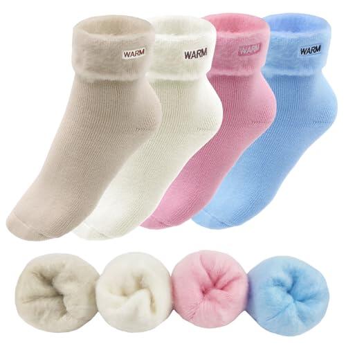 ZOCONE 4 Pares Calcetines Termicos Mujer Invierno Forro Polar Calcetines Gordos Mujer para Dormir Suave Warm EU35-39 (Rosa Azul Beige Marrón)