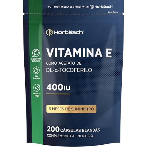 Vitamina E Cápsulas 400 UI (D-Alpha Tocoferol) | Pura | 200 Perlas - 6 Meses de Suministro | Alta Absorción | de Horbaach