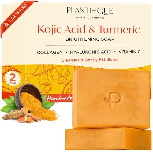 PLANTIFIQUE Jabón de Cúrcuma y Ácido Kójico | Testado en Laboratorio | 2 Barras con Vitamina C, Ácido Hialurónico y Colágeno | Jabón Facial para las Manchas | Turmeric & Kojic Acid Soap 160g
